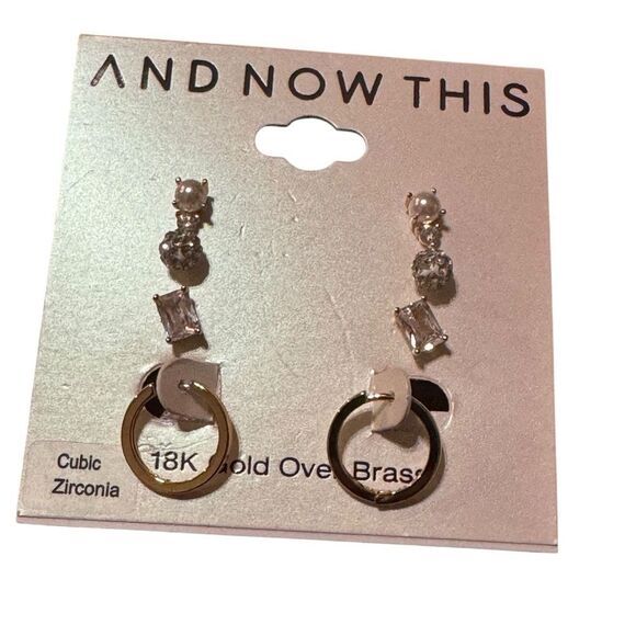 And Now This Cubic Zirconia and Imitation Pearl Earring Set - Gold - Picture 1 of 2